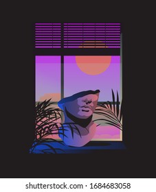 Room interior with open window and  marble sculpture standing on the windowsill. Ambient scene with view on the sunset in cartoon anime style. 