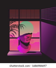Room interior with open window and  marble sculpture standing on the windowsill. Ambient scene with view on the sunset in cartoon anime style.  