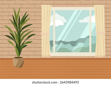 Room interior with a potted plant on a wooden floor by a window with curtains and a brick wall. Simple indoor background for home decor.