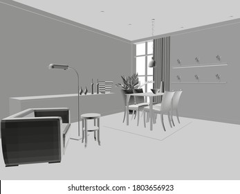 Room interior project in gray. Perspective view. Polygonal interior. 3D. Vector illustration
