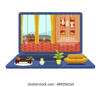 Room interior project on laptop design with lounge at screen and furniture objects on keyboard vector illustration 