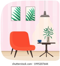 Room interior with red armchair, plant and coffee table. Room for interview interior design with furniture and decorations. Arrangement of furniture in studio. Place for communication with guests