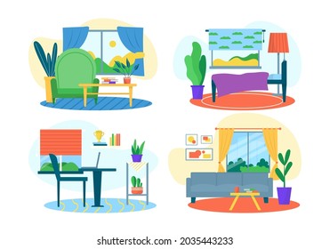 Room interior set, isolated on white vector illustration. Living room, bedroom and home office, decoration house by modern sofa, table