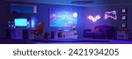 Room interior with setup to play video game and stream at night. Cartoon dark house inside with gamer computer and headphones, big tv on wall and console with gamepad, bright neon sign of joystick.