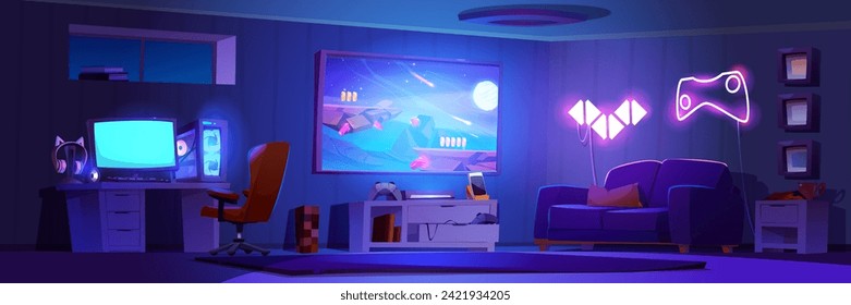 Room interior with setup to play video game and stream at night. Cartoon dark house inside with gamer computer and headphones, big tv on wall and console with gamepad, bright neon sign of joystick.