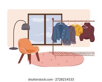 Interior de la habitación mostrando chaquetas en un estante, silla y lámpara en estilo gráfico plano, con tonos suaves y fondo de ventana. Concepto de decoración del hogar. Ilustración vectorial