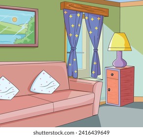 Interior de la habitación con sofá, cojines, almirah, lámpara de mesa, cortinas y pintura
