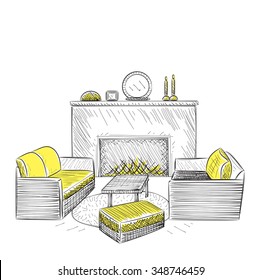 Room Interior Sketch With Fireplace