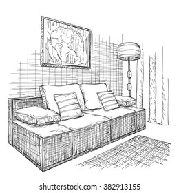 Room interior sketch. Hand drawn sofa