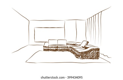 Room interior sketch. Hand drawn sofa.