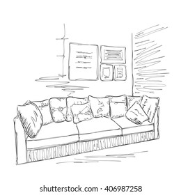 Room interior sketch. Hand drawn sofa