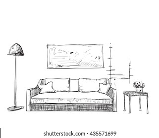 Room interior sketch. Hand drawn sofa and furniture