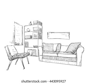 Room interior sketch. Hand drawn sofa and bookshelves.