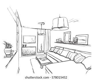 Room interior sketch. Hand drawn sofa and furniture.