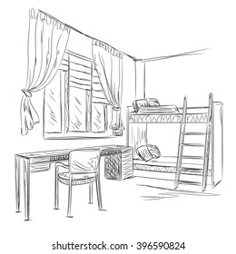 Room interior sketch for two children. Bedroom with workplace. Hand drawn furniture set made in linear style. 
