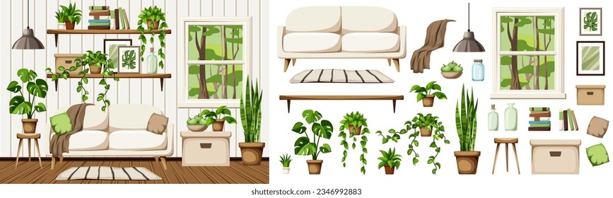 Room interior with a sofa, bookshelves, plenty of houseplants, and forest view outside the window. Scandinavian interior design. Furniture set. Interior constructor. Cartoon vector illustration