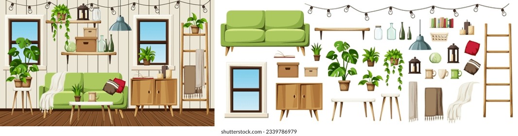 Room interior with a sofa, a dresser, a ladder, two windows, and houseplants. Cozy colorful interior design. Furniture set. Interior constructor. Cartoon vector illustration