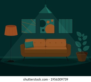 Room interior. Sofa, flower, lamps, paintings. Green-orange color scheme.