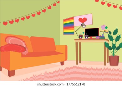 Room interior with sofa and LGBT accessories. Home interior in lgbt style. LGBT pride concept.