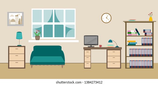 
room interior with sofa shelves with books window and chest of drawers on a beige background