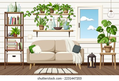 Zimmereinrichtung mit Sofa, Regal, Bücherregalen, Fenster und vielen Hauspflanzen. Skandinavisches Innendesign. Cartoon-Vektorgrafik