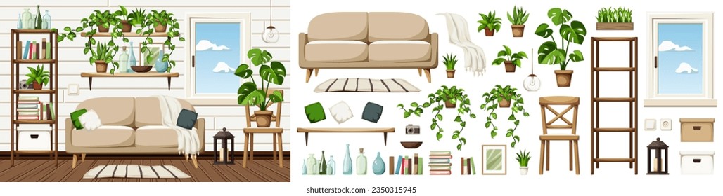 Room interior with a sofa, a shelving, bookshelves, a window, and plenty of houseplants. Scandinavian interior design. Furniture set. Interior constructor. Cartoon vector illustration