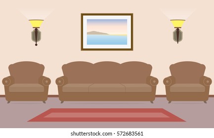Room interior with sofa, two chairs and picture on the wall in flat style. Vintage interior design. Vector illustration.