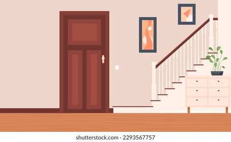 Room interior with stairs and doors. Ascent to the upper floor. Vector illustration