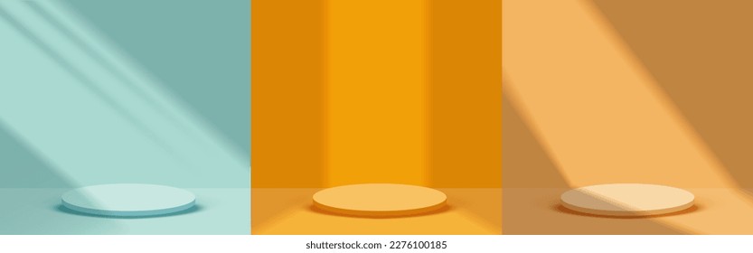 Interior de habitación con luz solar, Círculo en blanco para espectáculos de productos. Conjunto de ilustraciones vectoriales.