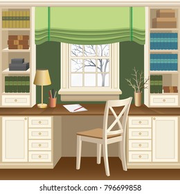 Room interior with table below the window, bookcases and chair. Home office in classic style, wooden furniture. Vector illustration 3d cartoon style