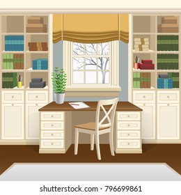 Room interior with table below the window, bookcases and chair. Home office in classic style, wooden furniture. Vector illustration 3d cartoon style