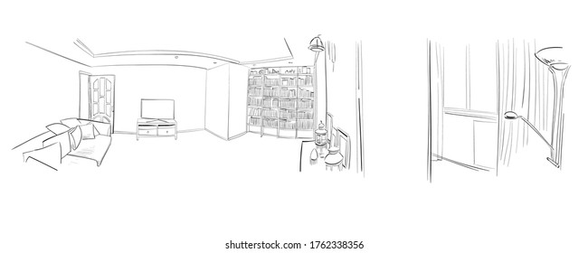 Room interior template sketch hand drawn vector illustration. 