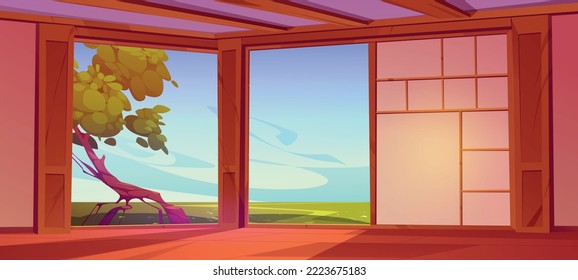 Room interior in traditional japanese house or hotel. Empty dojo or ryokan with wooden floor, paper walls and view to summer landscape with green fields and tree, vector cartoon illustration