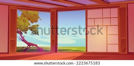 Room interior in traditional japanese house or hotel. Empty dojo or ryokan with wooden floor, paper walls and view to summer landscape with green fields and tree, vector cartoon illustration