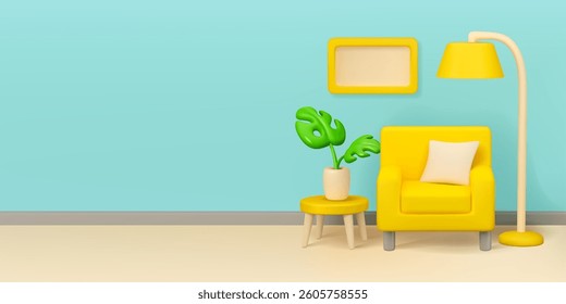Room interior vector 3d banner template. House furniture illustration template. Armchair, floor lamp, plant in pot on coffee table. Painting hanging on wall