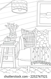 Room interior. Vector antistress coloring book on a white background.