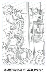 Room interior. Vector antistress coloring book in sketch style.