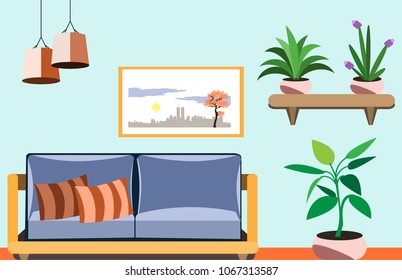 Room interior vector illustration of old or modern apartments living room with furniture. Flat cartoon banners design with sofa, shelf and flowerpots, pictures on wall and lamp.