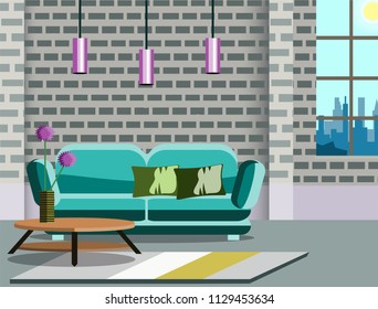 Room interior vector illustration of old or modern apartments living room with furniture  and a window. Flat cartoon banners design with sofa.
