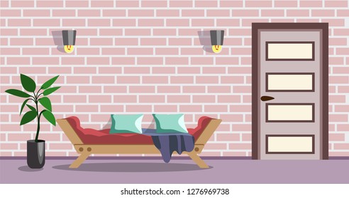 Room interior vector illustration of old or modern apartments living room with furniture. Flat cartoon banners design with sofa, flowerpots and lamp.