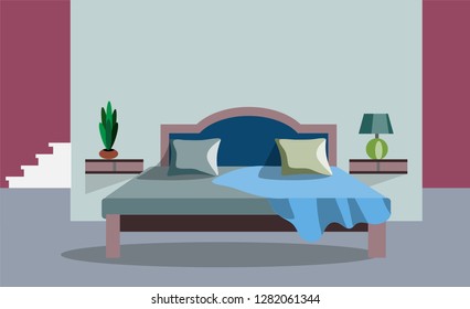 Room interior vector illustration of old or modern apartments living room with furniture.Design of the room with a soft bed. Flat cartoon banners design with sofa.
