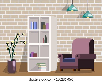 Room interior vector illustration of old or modern apartments living room with furniture. Flat cartoon banners design with sofa, shelf and flowerpots.