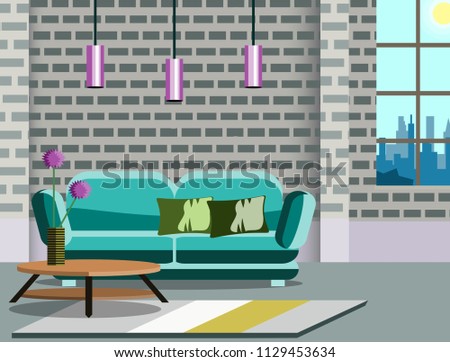 Room interior vector illustration of old or modern apartments living room with furniture  and a window. Flat cartoon banners design with sofa.
