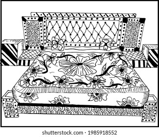 Room interior vector line drawing illustration on white background with artistic henna style creative design. Creative style Indian vintage room with almirah, bed, wall frame and night lamp design