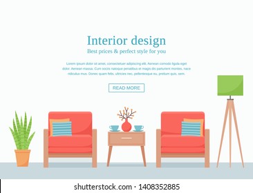 Room interior. Vector. Living room with coral armchairs and coffee table on empty wall with space for text. Template banner. Modern background. Home inside. Cartoon illustration. Flat design furniture