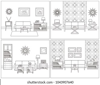 Room interior. Vector. Living room linear set. Retro thin line home space with furniture, house equipment. Flat line art style illustration. Outline sketch. Vintage design background. Coloring page.