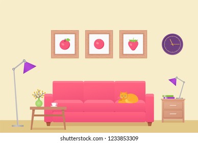 Room interior. Vector. Living room. Lounge with furniture. Home background in flat design. Cartoon house equipment in modern apartment. Colorful illustration parlor with pink sofa and table.