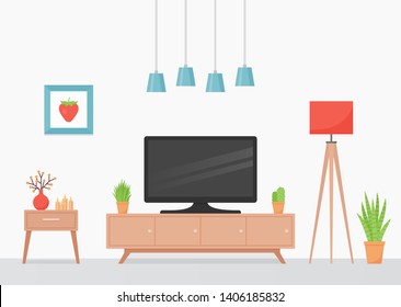 Room interior. Vector. Living room with TV, coral floor lamp and TV stand. Modern house background with furniture. Home inside. Domestic apartment. Cartoon illustration. Banner in flat design.