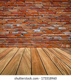 Room interior vintage with red brick wall and wood floor background. Vector illustration.
