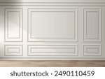 Room interior with white classic wall panel and wooden floor. Light background with luxury elegant molding frames. Realistic 3d vector illustration of home or office design with moulding and parquet